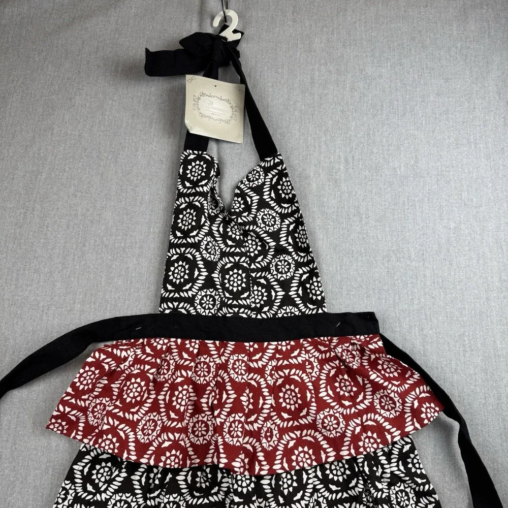 NWT Contempt‎ Apron Ruffles Country tie Black Maroon and white